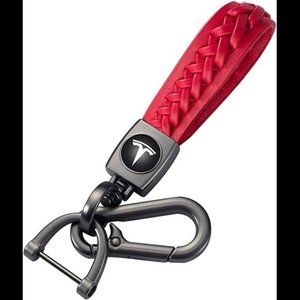 Leather Braided Weave Key Lanyard Key Ring Car Accessories Tesla Logo